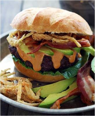 Western Bacon Burgers with BBQ Mayo & Onion Strings